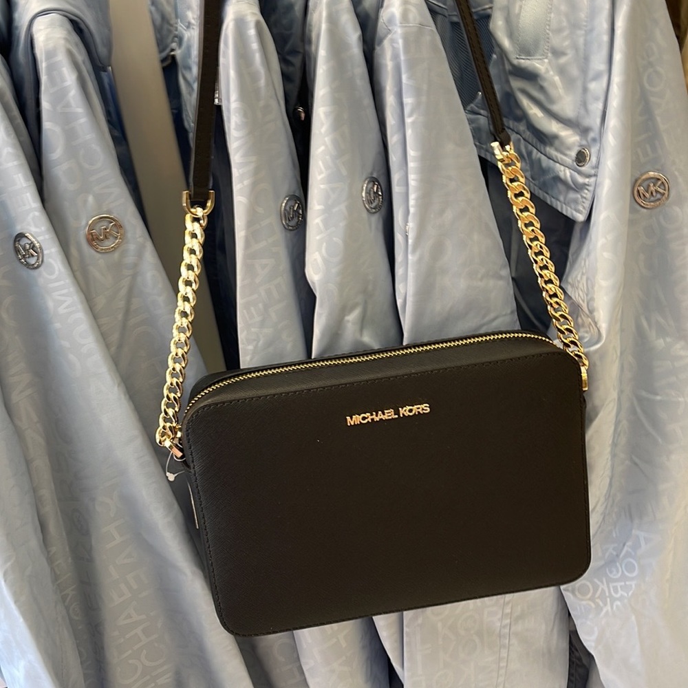 Michael Kors Jet Set Item Large East West Zip Crossbody Leather Black - Picture 1 of 16